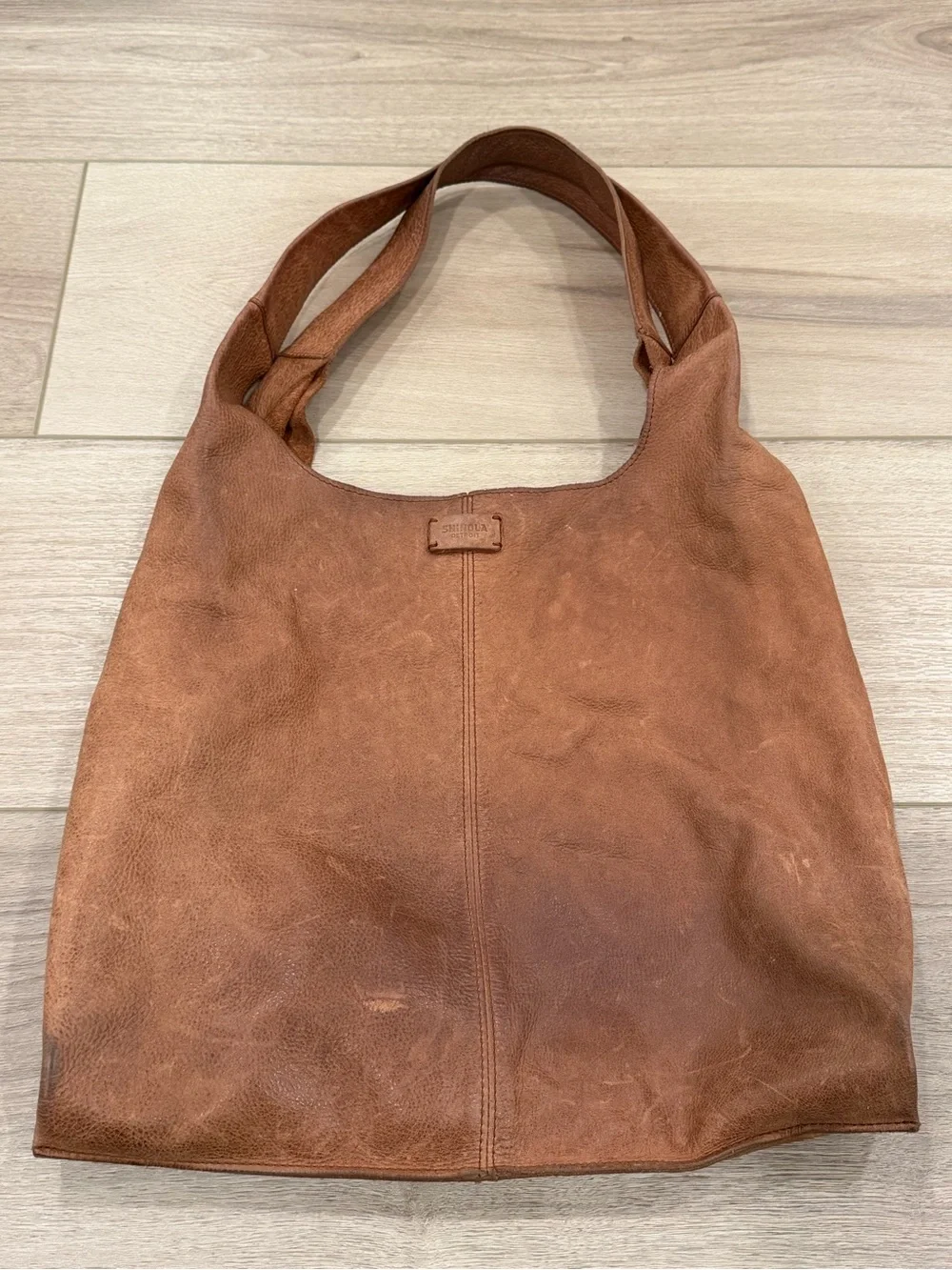 Shinola Detroit Tan Leather Relaxed Hobo Shoulder Bag Tote Handbag Bourbon